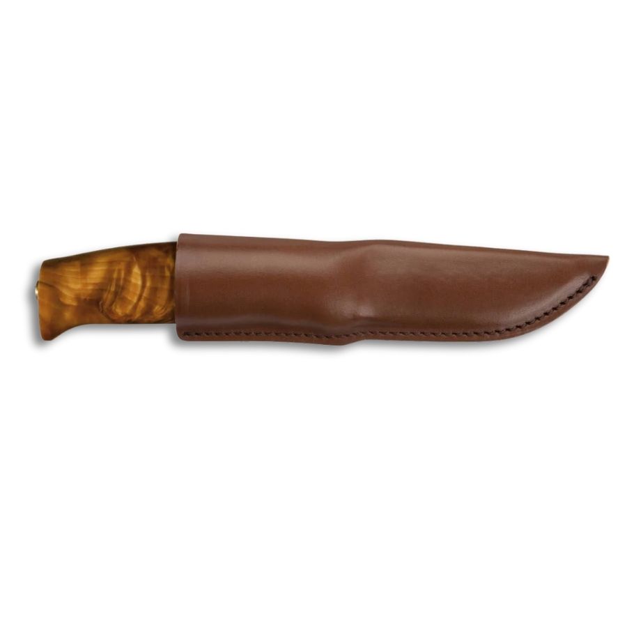 Helle Fjellkniven 12C27 outdoor knife with a polished stainless steel blade and curly birch wood handle, displayed on a white background.